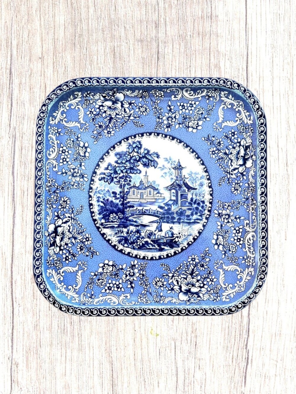 Vtg 1970s Daher Decorated Ware Tin Square Serving Tray Blue Willow Chinoiserie